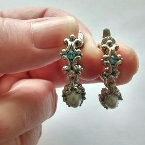Silver Tone Faux Pearl & Blue Crystal Clip-on Earr